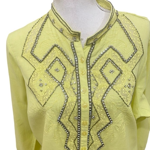 Anthropologie Pilcro Nayeli beaded rhinestone lace linen chartreuse shirt 1x - Picture 5 of 15